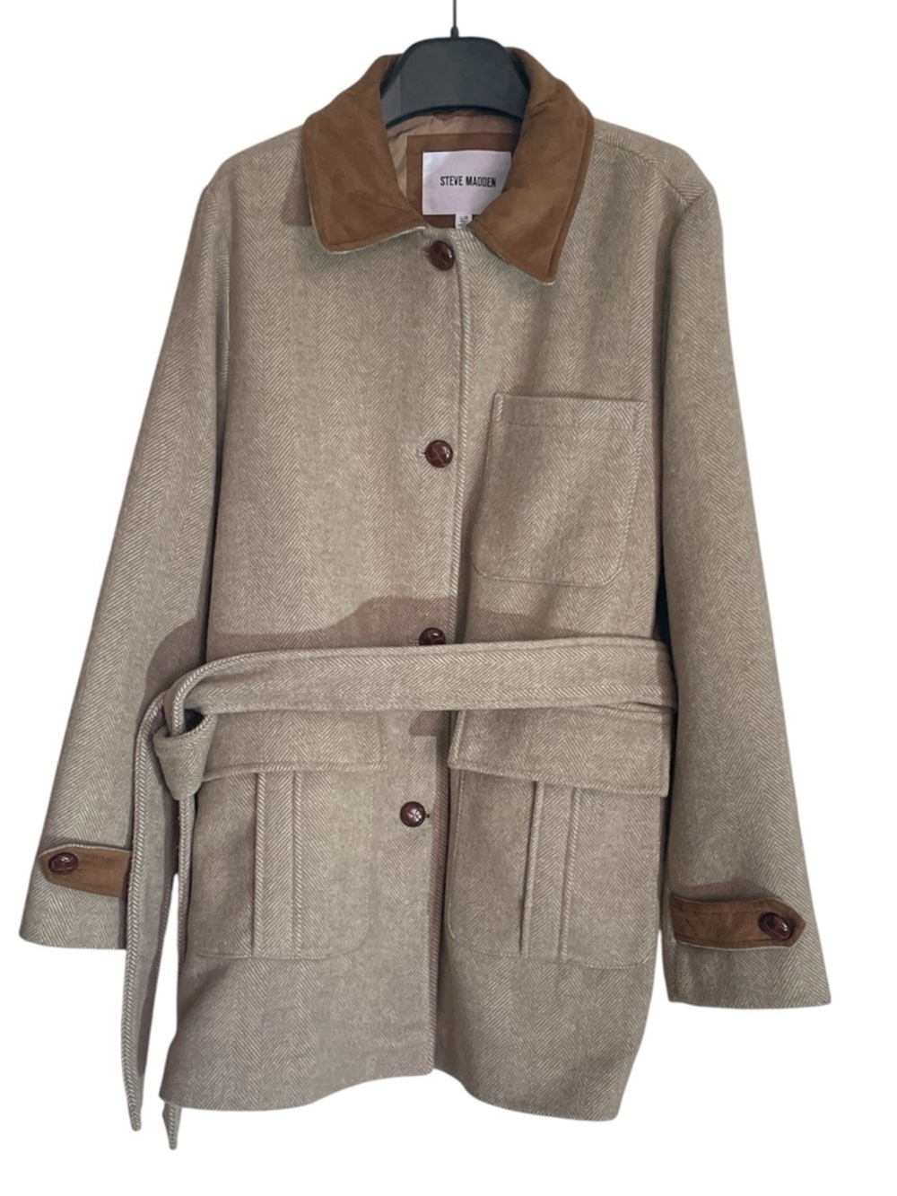 Steve Madden Women's Belted Single-Breasted Jacket with Brown Suede Accents sz L